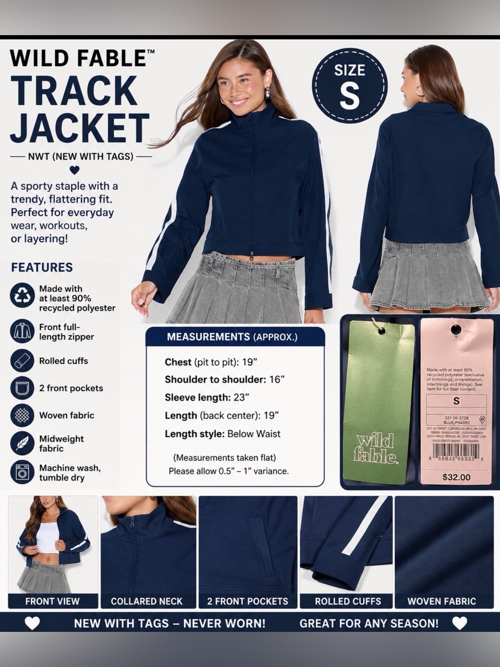NWT Wild Fable Track Jacket Women’s Small Navy Blue Full Zip Y2K Athleisure